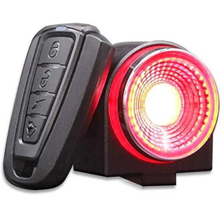 Stop pentru bicicleta inteligent cu Alarma Wireless, Simply Joy, Antifurt, Claxon, Acumulator 800mAh, IPX65, Rezistent la apa si praf, 4 moduri de Lumina, Auto On/Off, Senzor Franare, COB LED, Incarcare USB, Negru