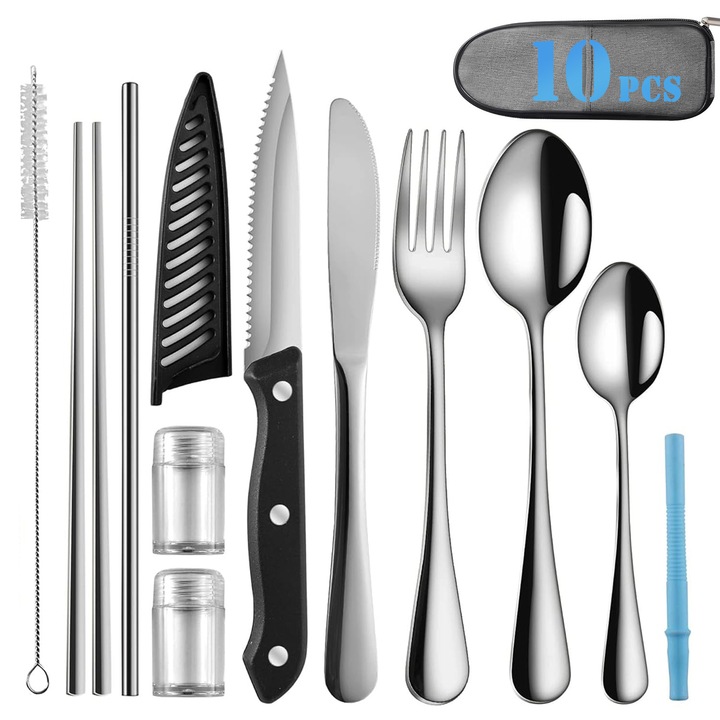 Set De Ustensile Din Otel Inoxidabil, BYONDSELF®, 10 Piese, Cu Plic De Depozitare, Potrivit Pentru Calatorii, Camping, Scoala Sau Serviciu