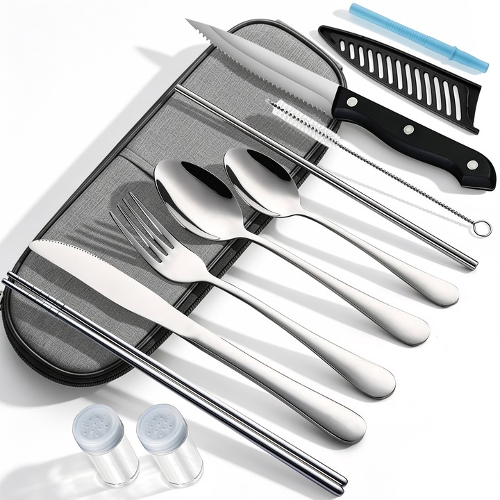 Set De Ustensile Din Otel Inoxidabil, BYONDSELF®, 10 Piese, Cu Plic De Depozitare, Potrivit Pentru Calatorii, Camping, Scoala Sau Serviciu