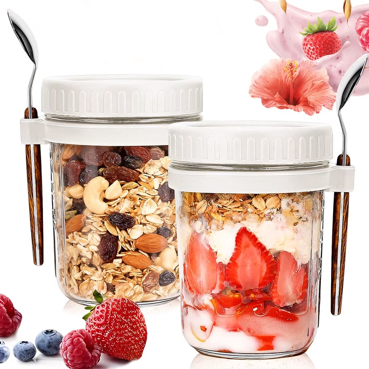 Set 2 Borcane pentru Ovaz, BYONDSELF®, 350ml, cu Capac Emetic si Lingurita, Sticla, Termorezistent -20°C/+120°C, Depozitare Alimente, Condimente, Zahar, Cereale