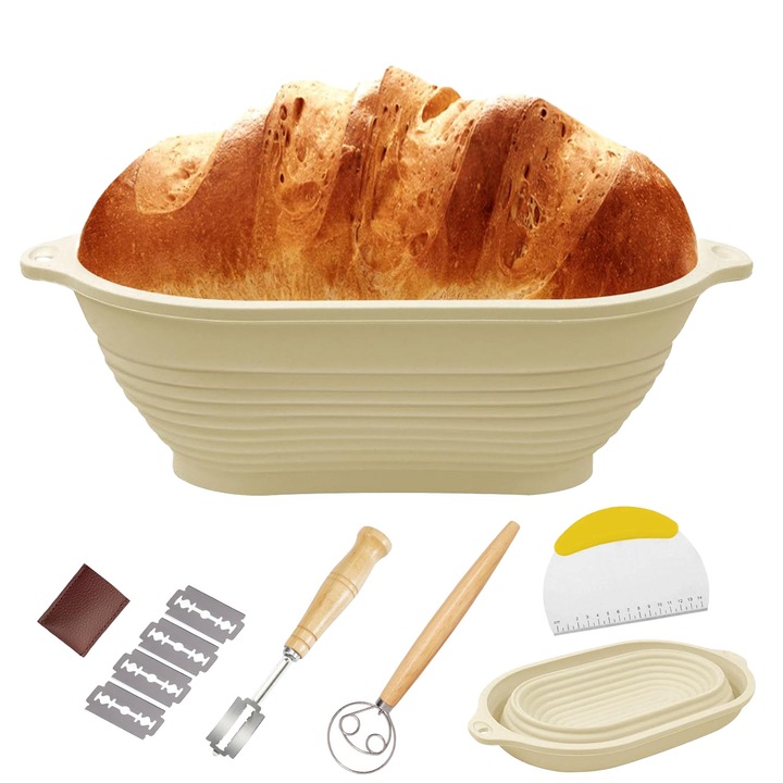 Kelesztőkosár készlet, összecsukható, BYONDSELF®, szilikon, sütőhöz, tésztavágóval, keverővel és pengével, átmérő 24 cm