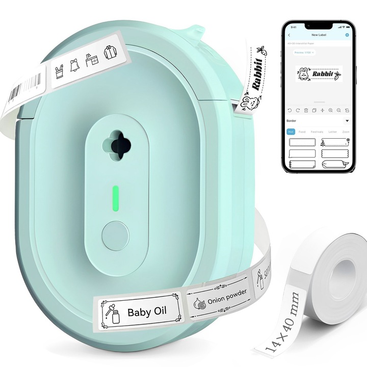 Aparat de etichetare Portabil, BYONDSELF®, cu rola de hartie termica de 14×40 mm, 180 coli, potrivita pentru imprimarea etichetelor, Verde