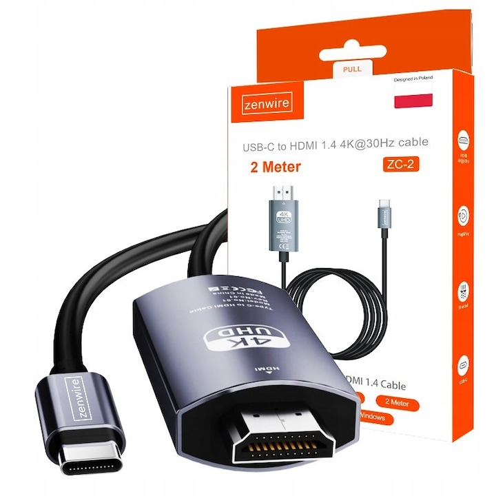 Адаптерен Кабел, Zenwire, USB-C 3.1 TYPE C КЪМ HDMI 4K MHL 200cm