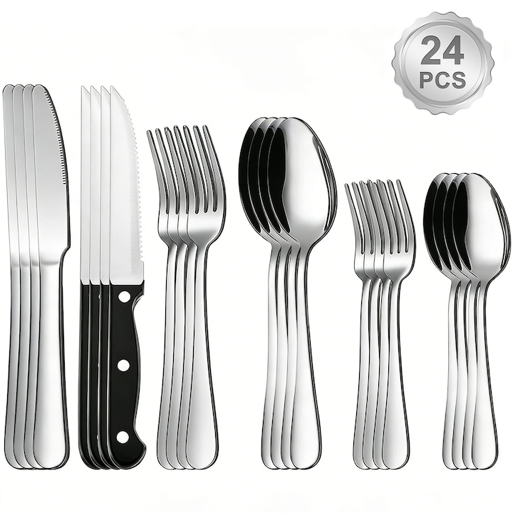 Set 24 tacamuri inox, BYONDSELF, 4 persoane, Otel Inoxidabil, Rezistent la coroziune, Usor de curatat, linguri, cutite si furculite, argintiu