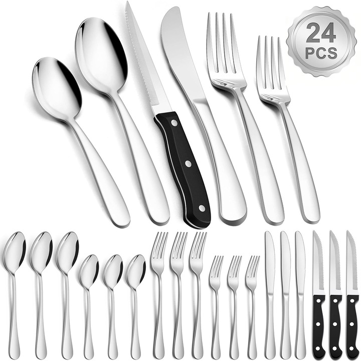 Set 24 tacamuri inox, BYONDSELF, 4 persoane, Otel Inoxidabil, Rezistent la coroziune, Usor de curatat, linguri, cutite si furculite, argintiu