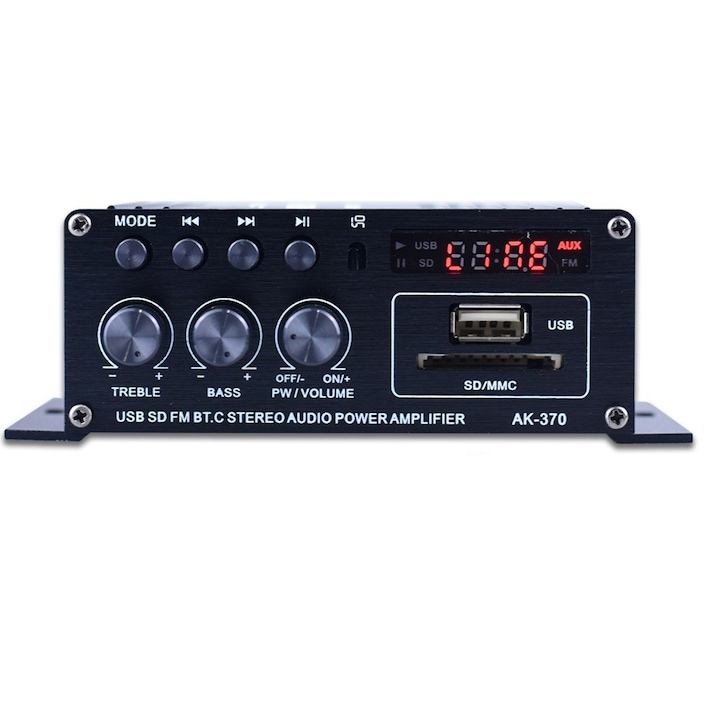 Amplificator audio mini, Uudeals®, 20W + 20W, negru, cu telecomanda, pentru acasa si masina