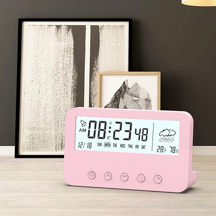 Ceas electronic digital YANYXR, afisaj LED stereo, roz, 13.6x8x4 cm