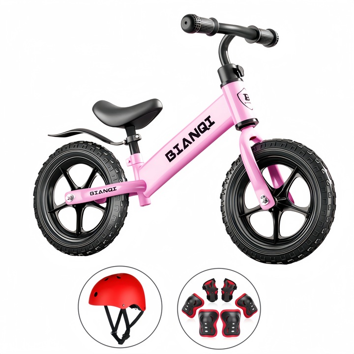 Велосипед за баланс, Wacorresi, Детски, С мека седалка, въртящо се на 360 градуса кормило, еластични амортисьорни пневматични колела, износоустойчив и неплъзгащ се, подходящ за височина 80-105 см, 12 инча, розов