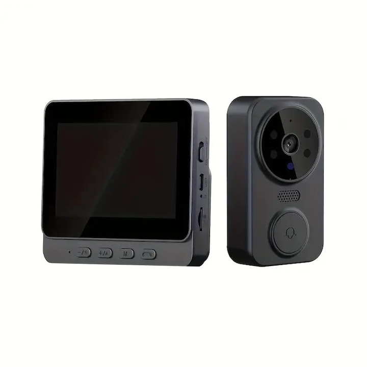 Sonerie video inteligenta neagra eleganta cu ecran de inalta definitie de 4, 3 inchi - usor de instalat, audio bidirectional, viziune nocturna infrarosie, baterie reincarcabila de lunga durata, fara WiFi necesar - design modern de securitate acasa