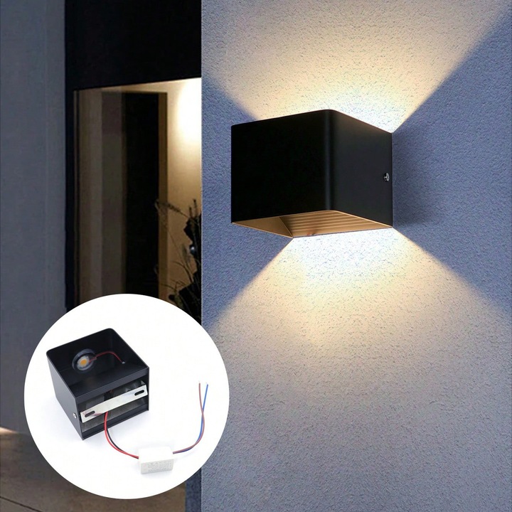 Aplica de perete LED din aluminiu potrivita pentru utilizare in interior si exterior, buna rezistenta la apa, lampa de perete simpla 10x10x8cm, lumina calda, neagra