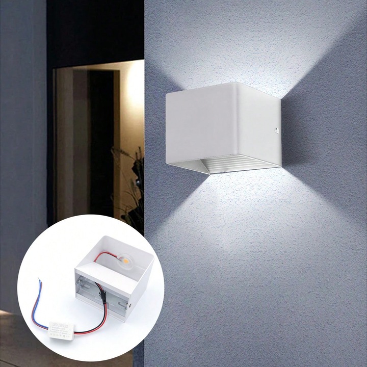 Aplica de perete LED din aluminiu potrivita pentru utilizare in interior si exterior, buna rezistenta la apa, lampa de perete simpla 10x10x8cm, lumina alba rece, alba