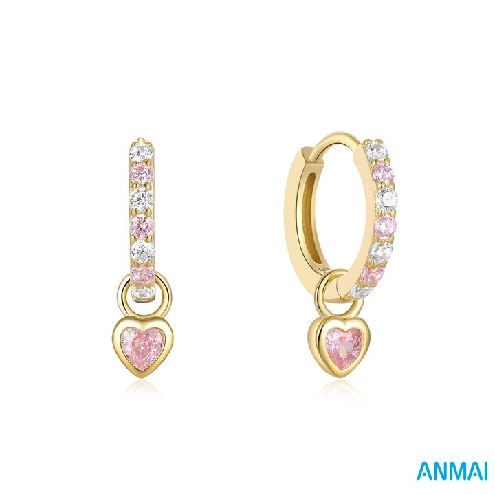 Cercei Huggie, Anmai, Inima CZ, zirconiu, auriu, 10mm, pentru Femei, Cercei Tiny Sleeper cu Pandantiv Cristal, Bijuterii Hipoaalergenice, Cadou pentru Fiica, Ziua Indragostitilor, Craciun, Roz