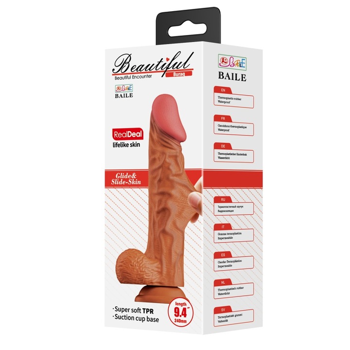 Dildo realist Beautiful Buraq, 24 cm, cu ventuză și testicule, material hipoalergenic