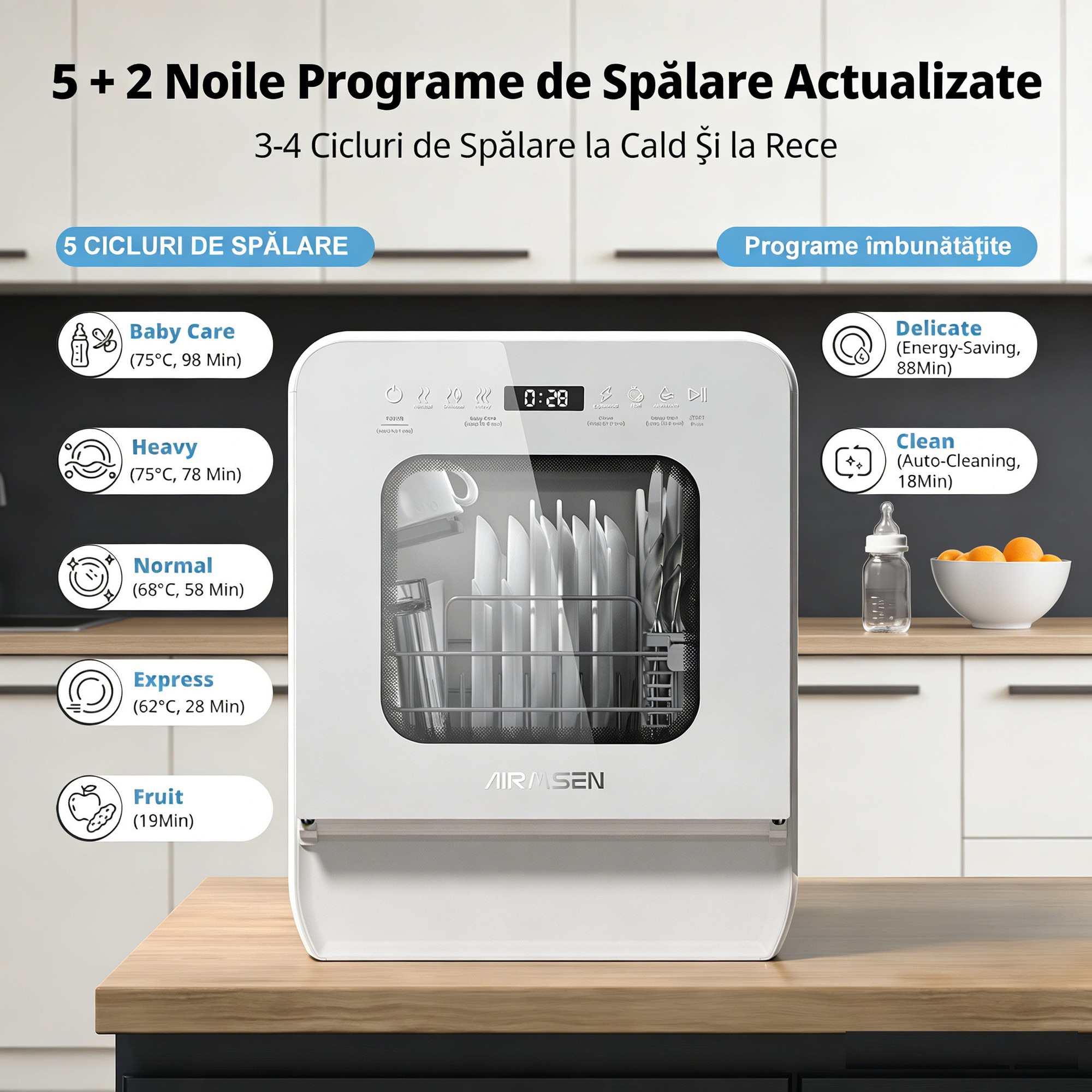 Masina de spalat vase portabila AIRMSEN, rezervor 5L, design ultra-ingust (37cm), 9 programe, intarziere 24H & 360° Dual Spray, fara/conexiune la apa, alba – Spalare rapida & fara cheltuieli de instalare