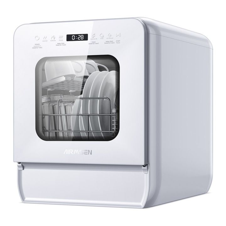 Masina de spalat vase portabila AIRMSEN, rezervor 5L, design ultra-ingust (37cm), 9 programe, intarziere 24H & 360° Dual Spray, fara/conexiune la apa, alba – Spalare rapida & fara cheltuieli de instalare