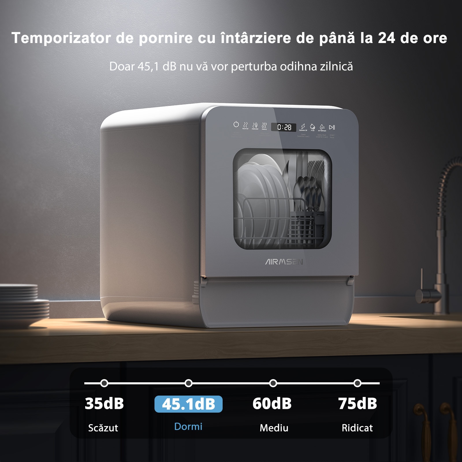 Masina de spalat vase portabila AIRMSEN, rezervor 5L, design ultra-ingust (37cm), 9 programe, intarziere 24H & 360° Dual Spray, fara/conexiune la apa, alba – Spalare rapida & fara cheltuieli de instalare