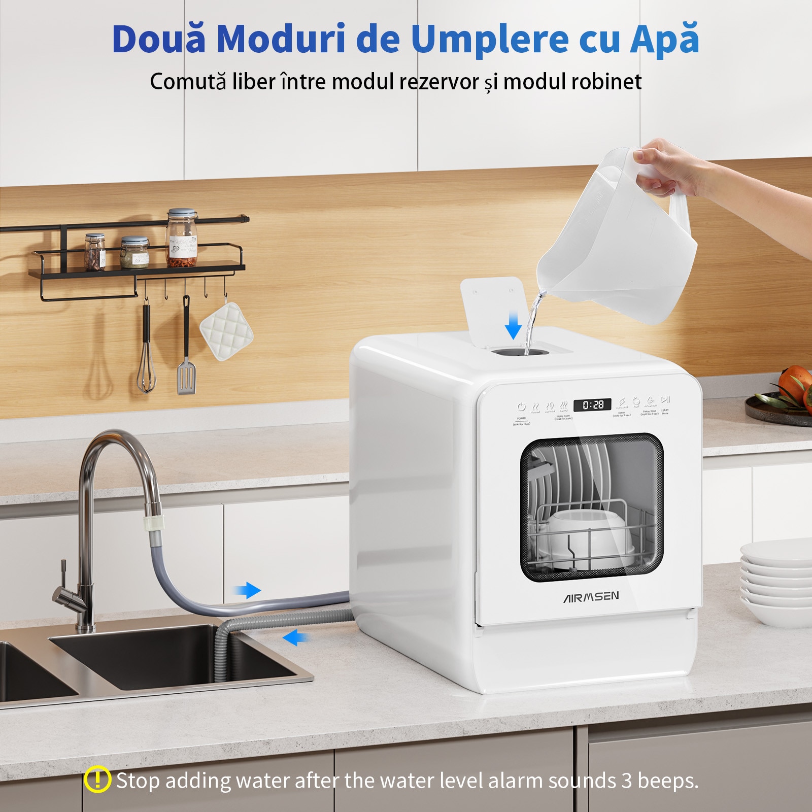 Masina de spalat vase portabila AIRMSEN, rezervor 5L, design ultra-ingust (37cm), 9 programe, intarziere 24H & 360° Dual Spray, fara/conexiune la apa, alba – Spalare rapida & fara cheltuieli de instalare