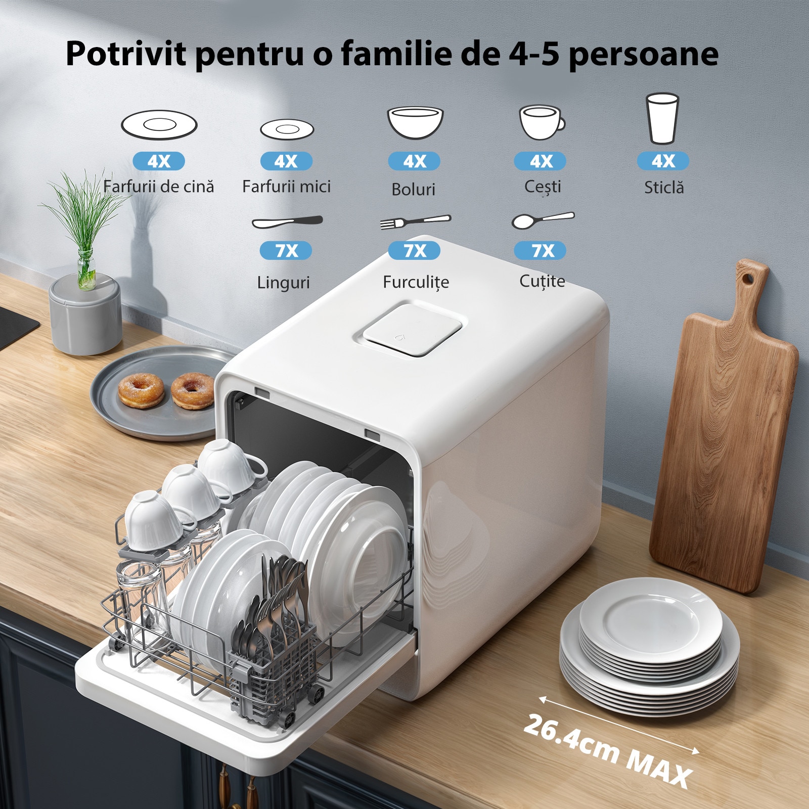 Masina de spalat vase portabila AIRMSEN, rezervor 5L, design ultra-ingust (37cm), 9 programe, intarziere 24H & 360° Dual Spray, fara/conexiune la apa, alba – Spalare rapida & fara cheltuieli de instalare