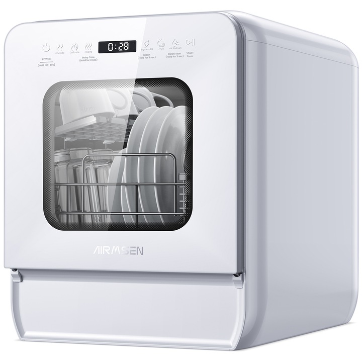 Преносима съдомиялна машина AIRMSEN, 5L резервоар, ултратесен дизайн (37 см), 9 програми, 24 часа отлагане и 360° двойно пръскане, без/с водна връзка, бяла – Бързо измиване и без разходи за монтаж