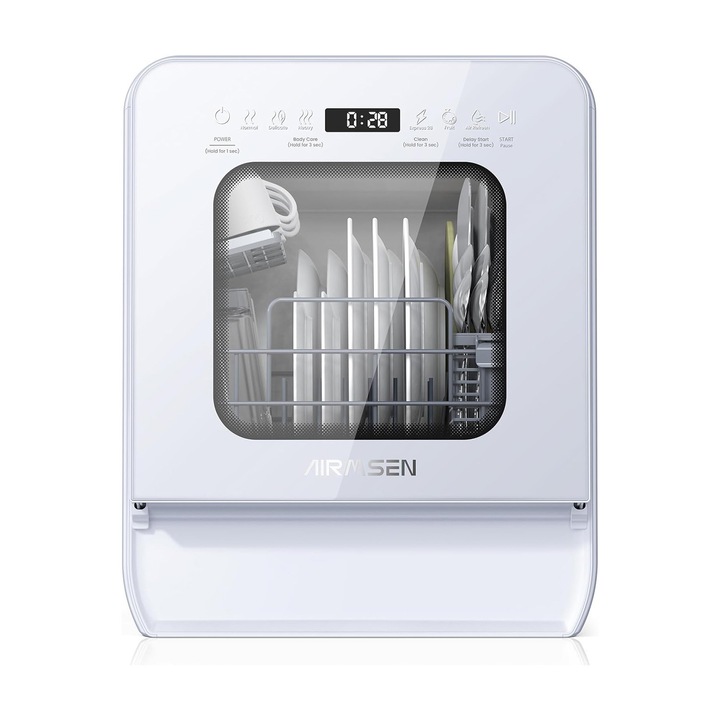 Masina de spalat vase portabila AIRMSEN, rezervor 5L, design ultra-ingust (37cm), 9 programe, intarziere 24H & 360° Dual Spray, fara/conexiune la apa, alba – Spalare rapida & fara cheltuieli de instalare
