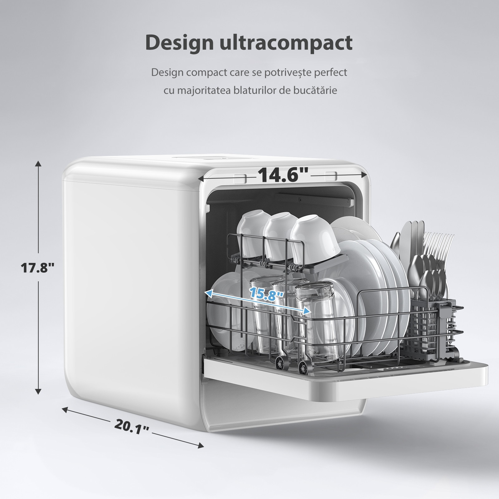 Masina de spalat vase portabila AIRMSEN, rezervor 5L, design ultra-ingust (37cm), 9 programe, intarziere 24H & 360° Dual Spray, fara/conexiune la apa, alba – Spalare rapida & fara cheltuieli de instalare