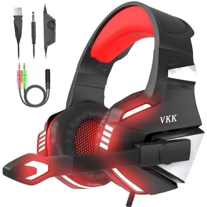 Gamer Headset V3 Pro, VKK®, 7.1-es térhatású hangzás, szuper mély basszus, LED világítás, PC-hez / XBOX-hoz / PS-hez, zajszűrő mikrofon, nulla fülnyomás, fémbetét, bőr fülvédő, többplatformos, piros
