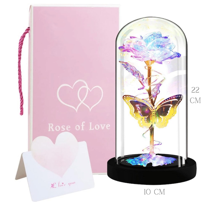 Accesoriu decorativ Trandafir etern intr-un bec cu lumina LED - Alb/auriu - Fluture, 1 trandafir LOVE06