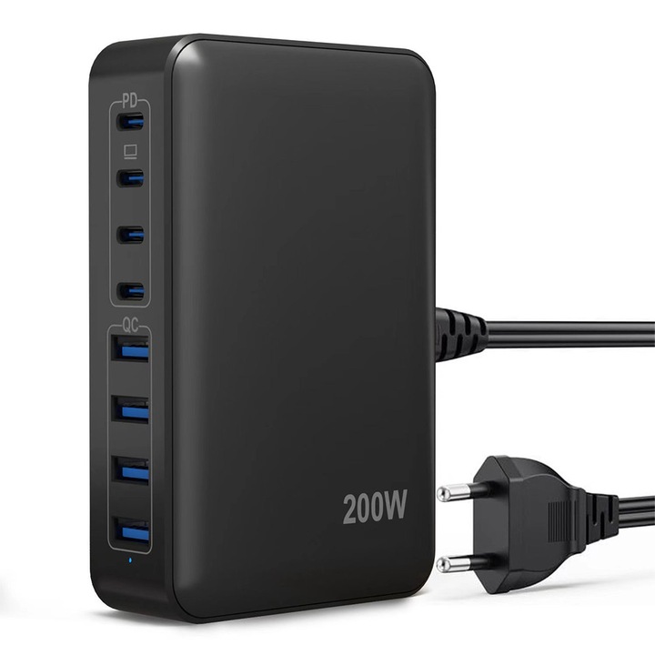 LEIISVK, 200 W-os 8 az 1-ben USB töltőállomás, 4 USB-C és 4 USB-A porttal, MacBook Air/Pro/laptopokkal kompatibilis, fekete