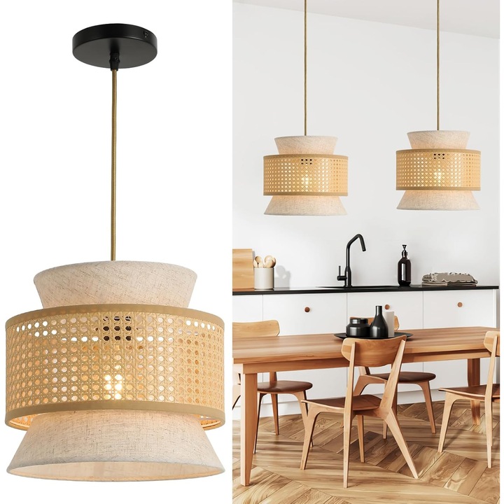 Lustra cu abajur din ratan si textil, FORCOSO, tip pendul, Design Artistic, Stil Vintage-Boho, soclu E27, Culoare natur, 29 x 26 cm