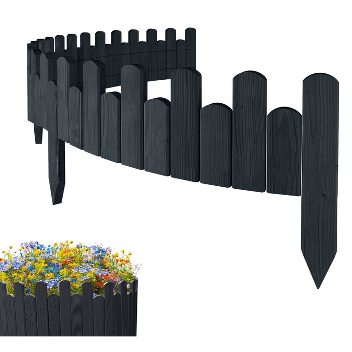 Gard de gradina, lemn, pin, palisada, Floranica, 15 x 200 cm, Antracit