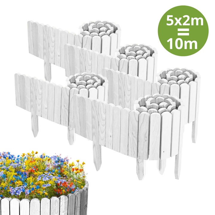 Gard de gradina, lemn, pin, palisada, 10m (5x200cm), h 20cm, alb