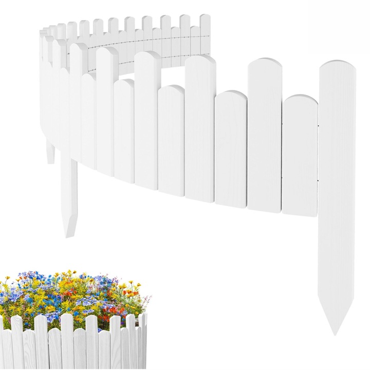 Gard de gradina, lemn, pin, palisada, Floranica, 20 x 200 cm, Alb