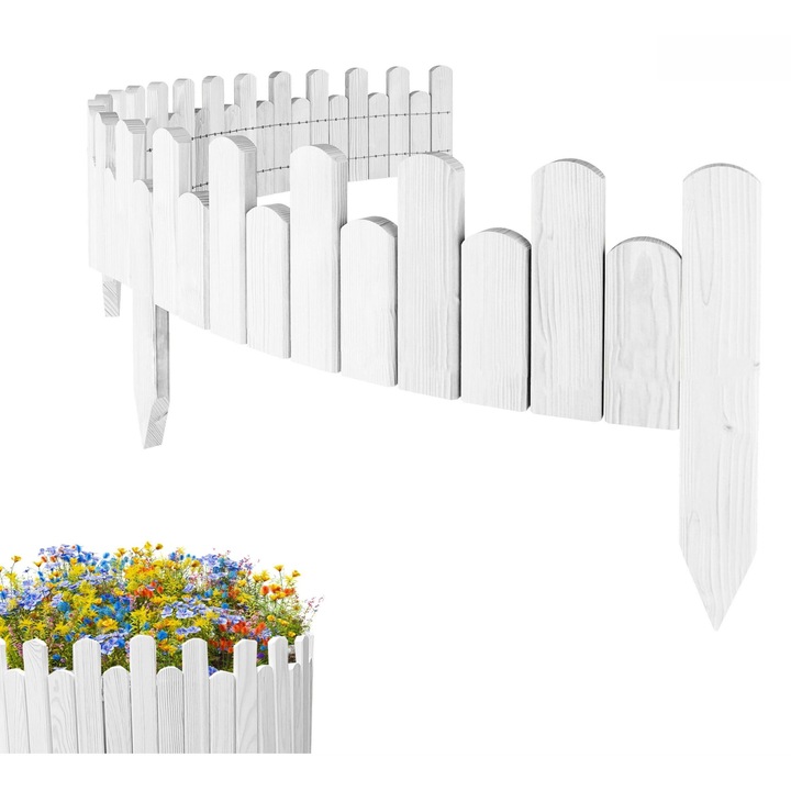 Gard de gradina, lemn, pin, palisada, Floranica, 15 x 200 cm, Alb