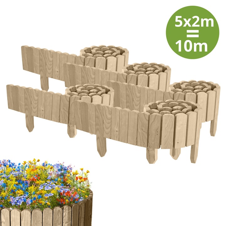 Gard de gradina, lemn, pin, palisada, 10m (5x200cm), h 10cm, neimpregnat