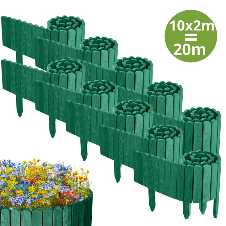 Gard de gradina, lemn, pin, palisada, 2000cm (10x200cm), h 20cm, verde