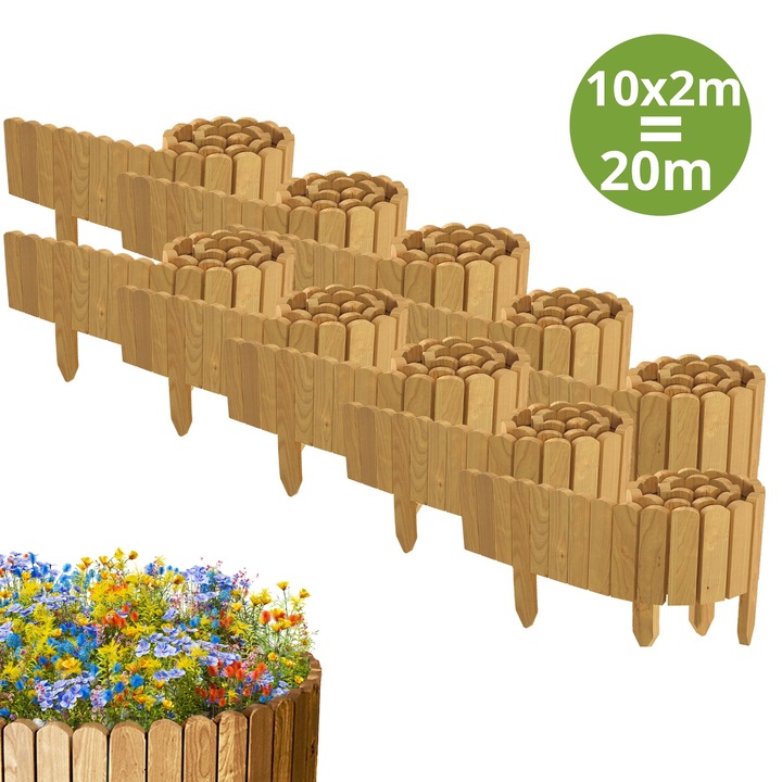 Gard de gradina, lemn, pin, palisada, 2000cm (10x200cm), h 10cm, natural
