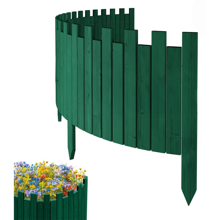 Gard de gradina, lemn, pin, palisada, Floranica, Verde 40 x 200 cm
