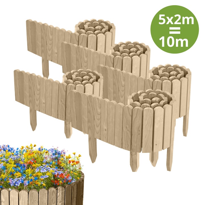 Gard de gradina, lemn, pin, palisada, 1000cm (5x200cm), h 20cm, neimpregnat