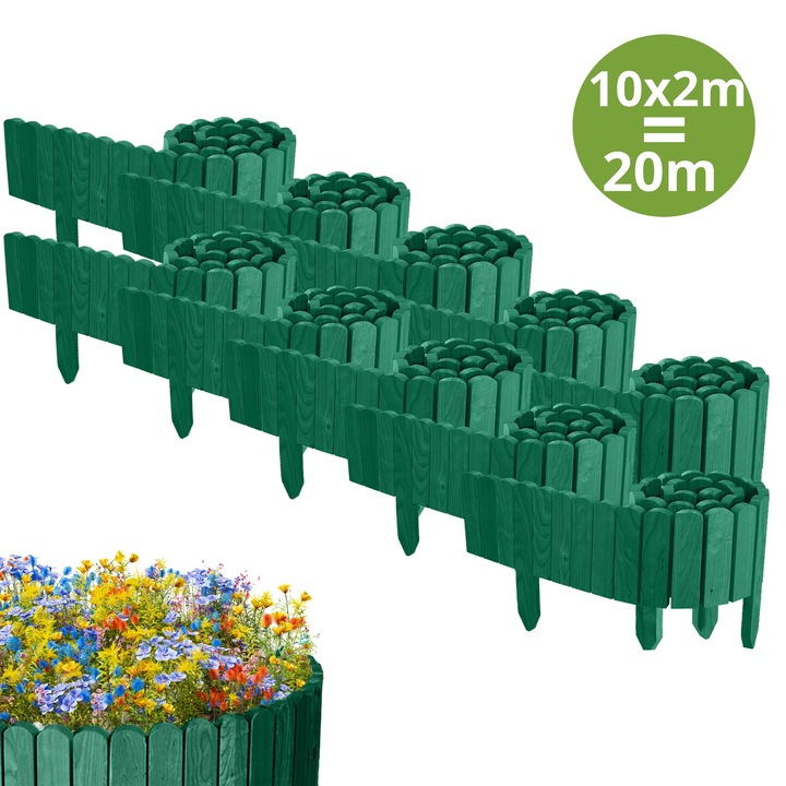 Gard de gradina, lemn, pin, palisada, 2000cm (10x200cm), h 10cm, verde