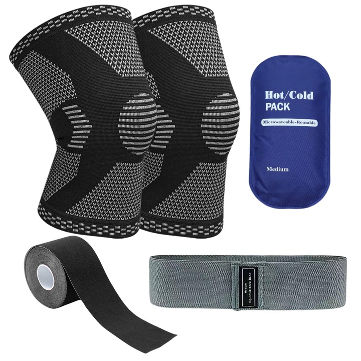 Set orteze genunchi Das Schaf™ – include: 2 genunchiere compresive, banda elastica fitness, compresa cald/rece, banda kinesiologica, negru, Marime XL