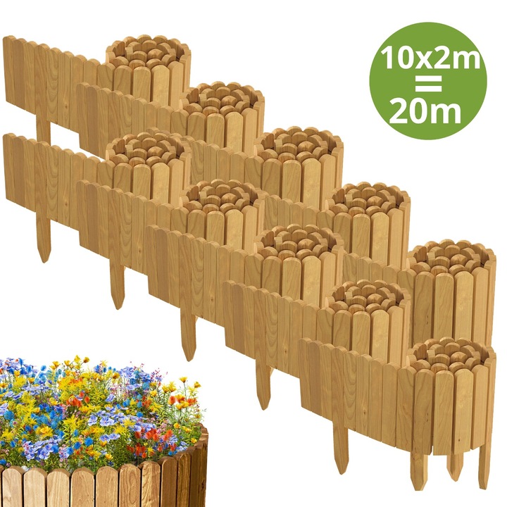 Gard de gradina, lemn, pin, palisada, 2000cm (10x200cm), h 20cm, natural