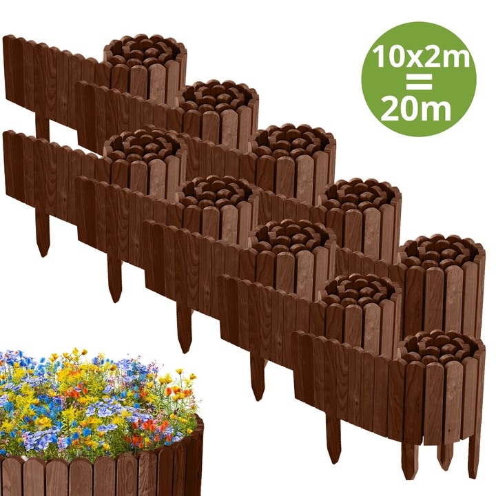 Gard de gradina, lemn, pin, palisada, 2000cm (10x200cm), h 20cm, maro