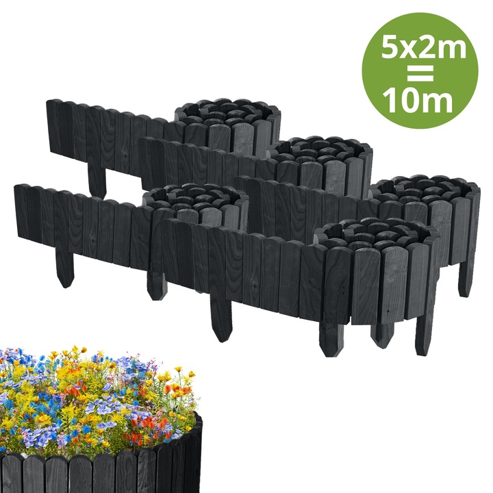 Gard de gradina, lemn, pin, palisada, 1000cm (5x200cm), h 10cm, antracit