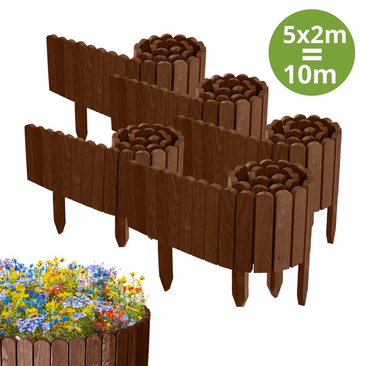 Gard de gradina, lemn, pin, palisada, 10m (5x200cm), h 20cm, maro