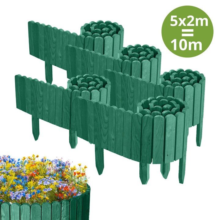 Gard de gradina, lemn, pin, palisada, 10m (5x200cm), h 20cm, verde