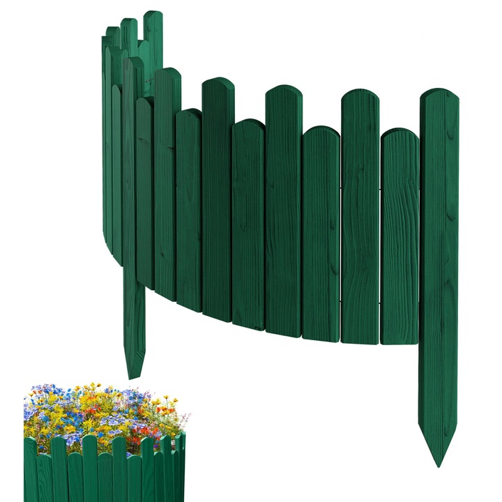 Gard de gradina, lemn, pin, palisada, Floranica, 30 x 100 cm, Verde