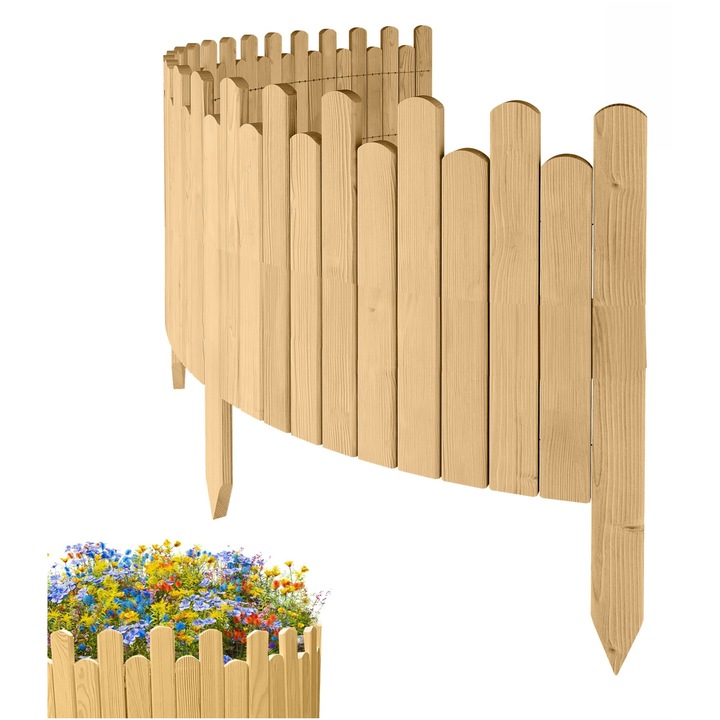 Gard de gradina, lemn, pin, palisada, Floranica, 40 x 200 cm, Natur
