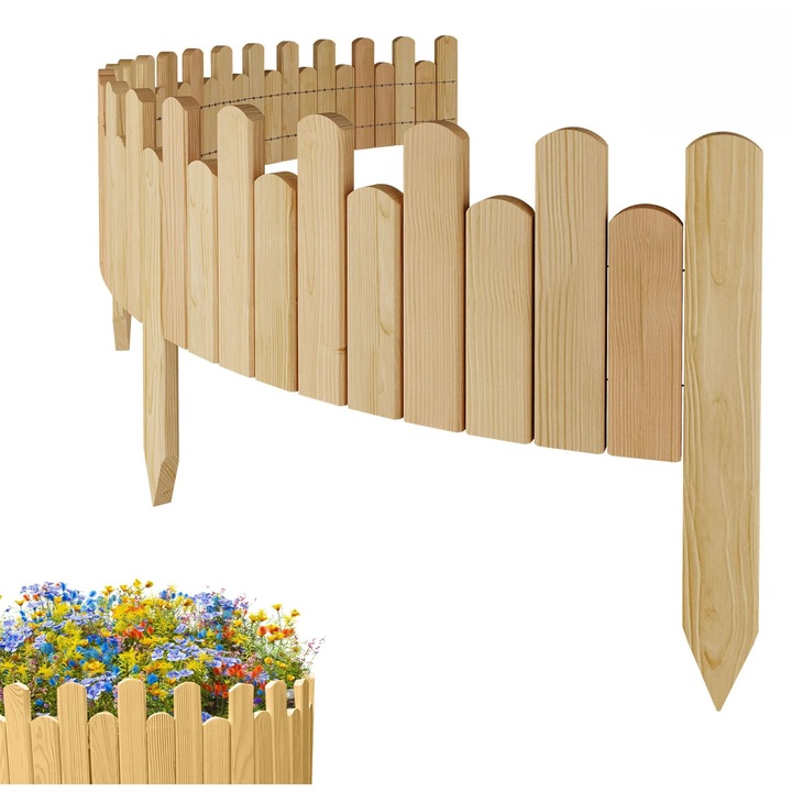Gard de gradina, lemn, pin, palisada, Floranica, 20 x 200 cm, Natur