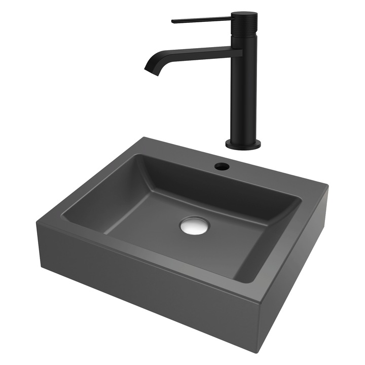 SET lavoar de baie din granit compozit SanDonna Timo gri + Baterie Sandonna Agata negru