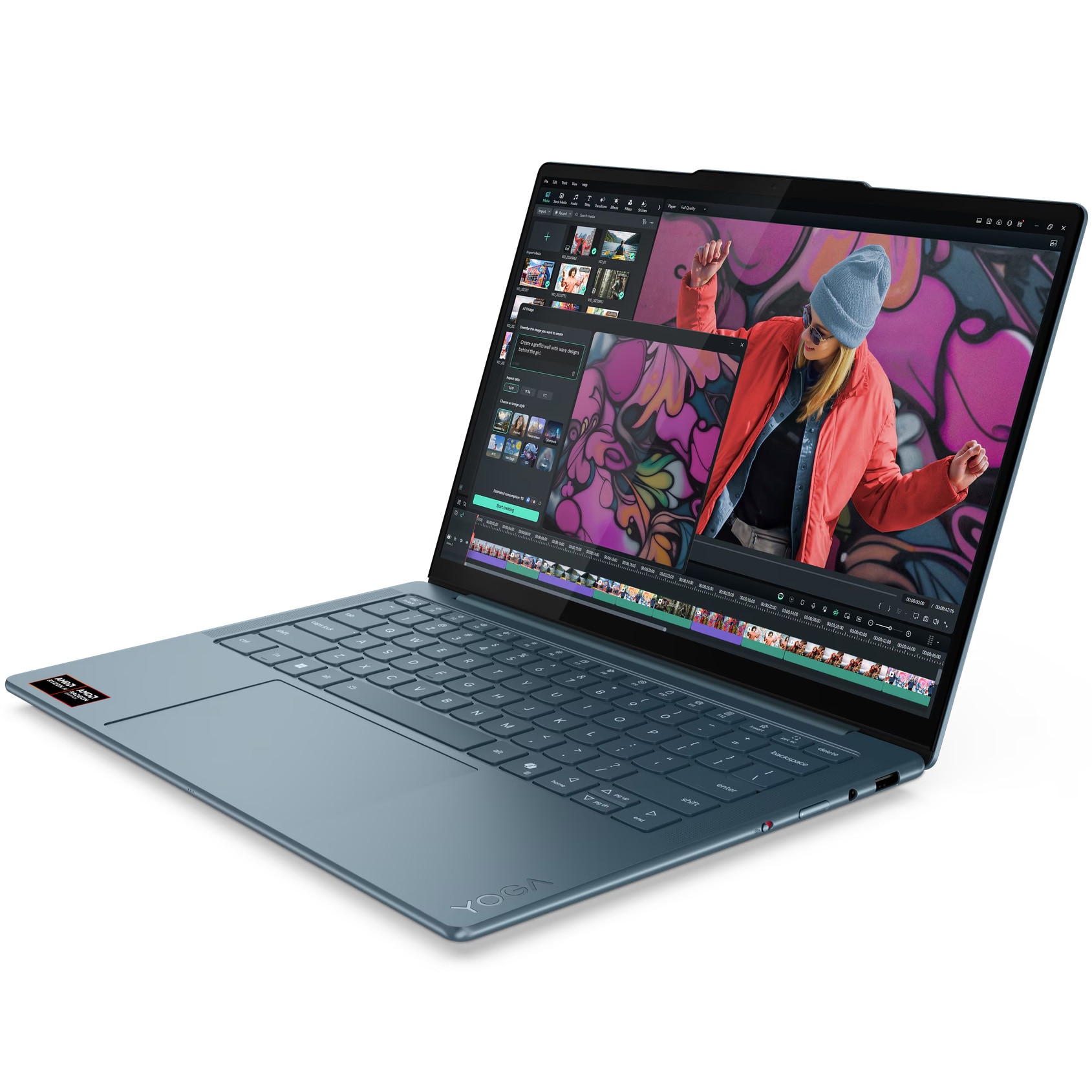 Laptop Lenovo Yoga Slim 7 14AKP10 cu procesor AMD Ryzen™ AI 5 340 pana la 4.8GHz, 14" 2.8K, WQXGA+, OLED, 120Hz, 16GB LPDDR5x RAM, 1TB SSD, AMD Radeon™ 840M Graphics, No OS, Tidal Teal, 3y on-site Premium Care